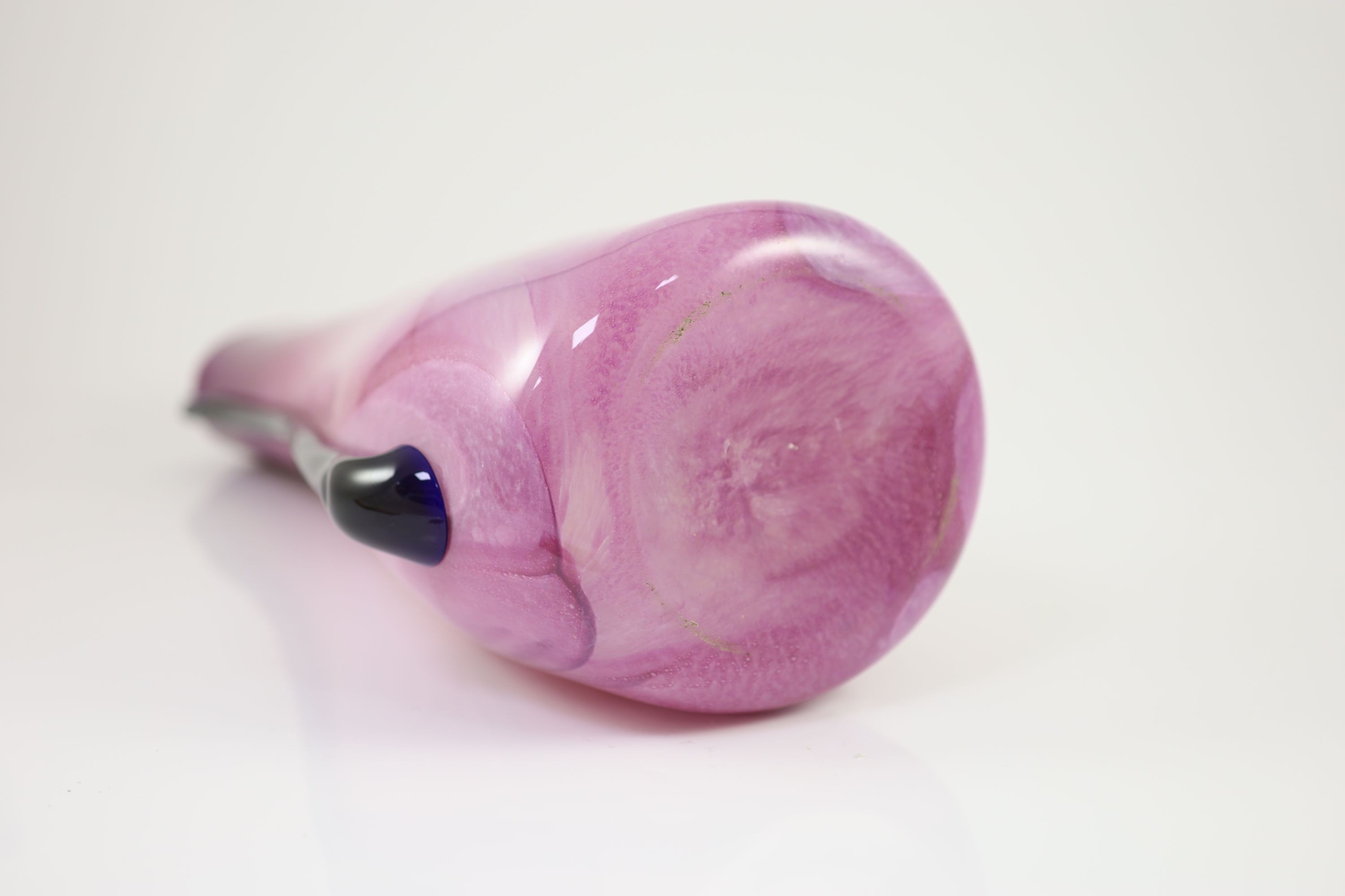 Elizabeth Graydon-Stannus, an unusual mottled pink and purple glass vase, circa 1930, of flattened pear form with applied blue lug handles, etched 'Gray-Stan' to base 44cm high